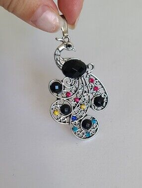 Silver Toned Colorful Faceted Rhinestone Large Figural Peacock Bird Pendant
